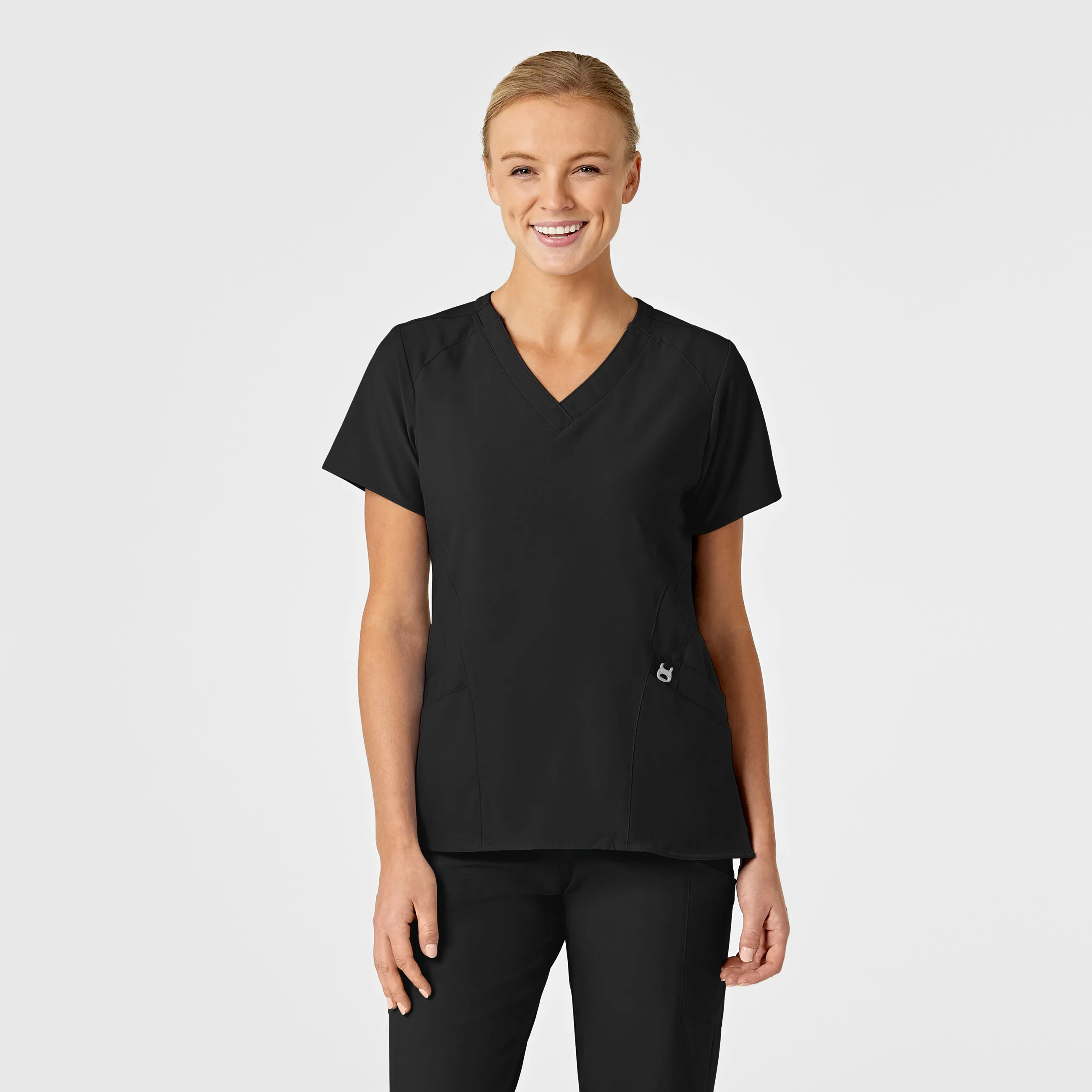 Subtle Texture Weave W123 Women's Stylized V-Neck Scrub Top - Black