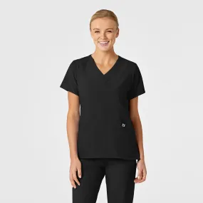 Subtle Texture Weave W123 Women's Stylized V-Neck Scrub Top - Black