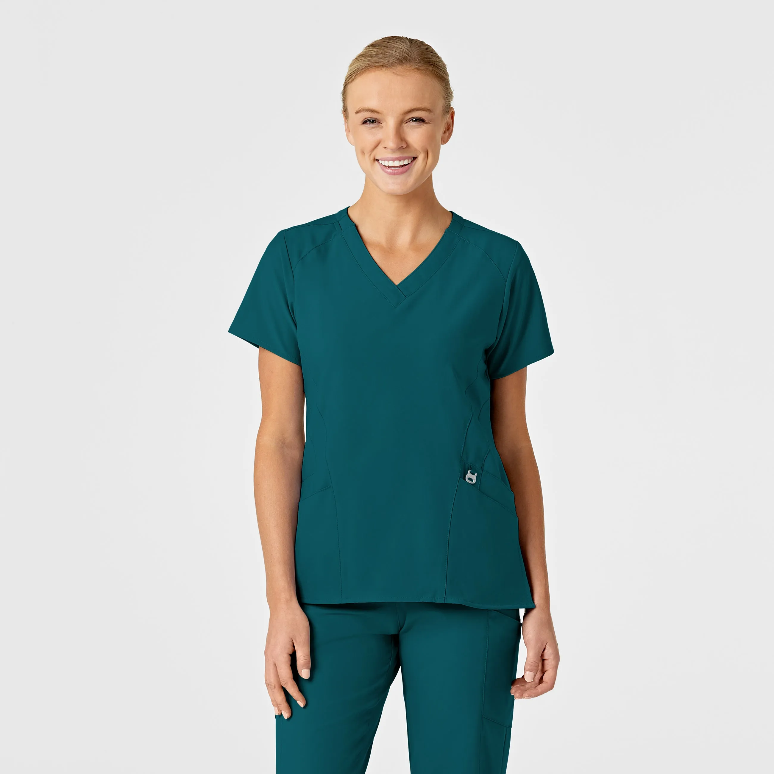 W123 Women's Stylized V-Neck Scrub Top - Caribbean Tencel Cotton Hybrid Weave