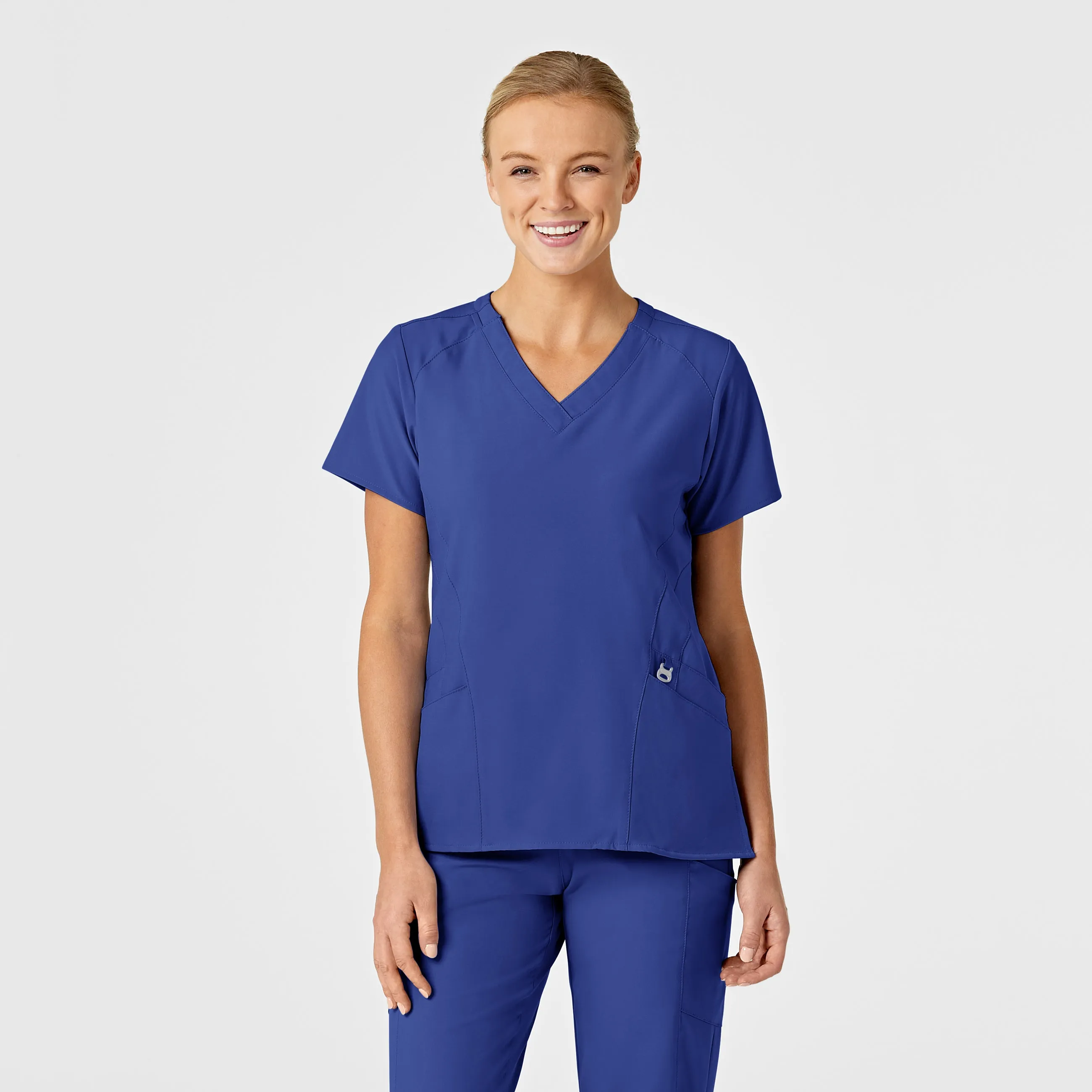 W123 Women's Stylized V-Neck Scrub Top - Galaxy Blue Quick-Dry Fabric