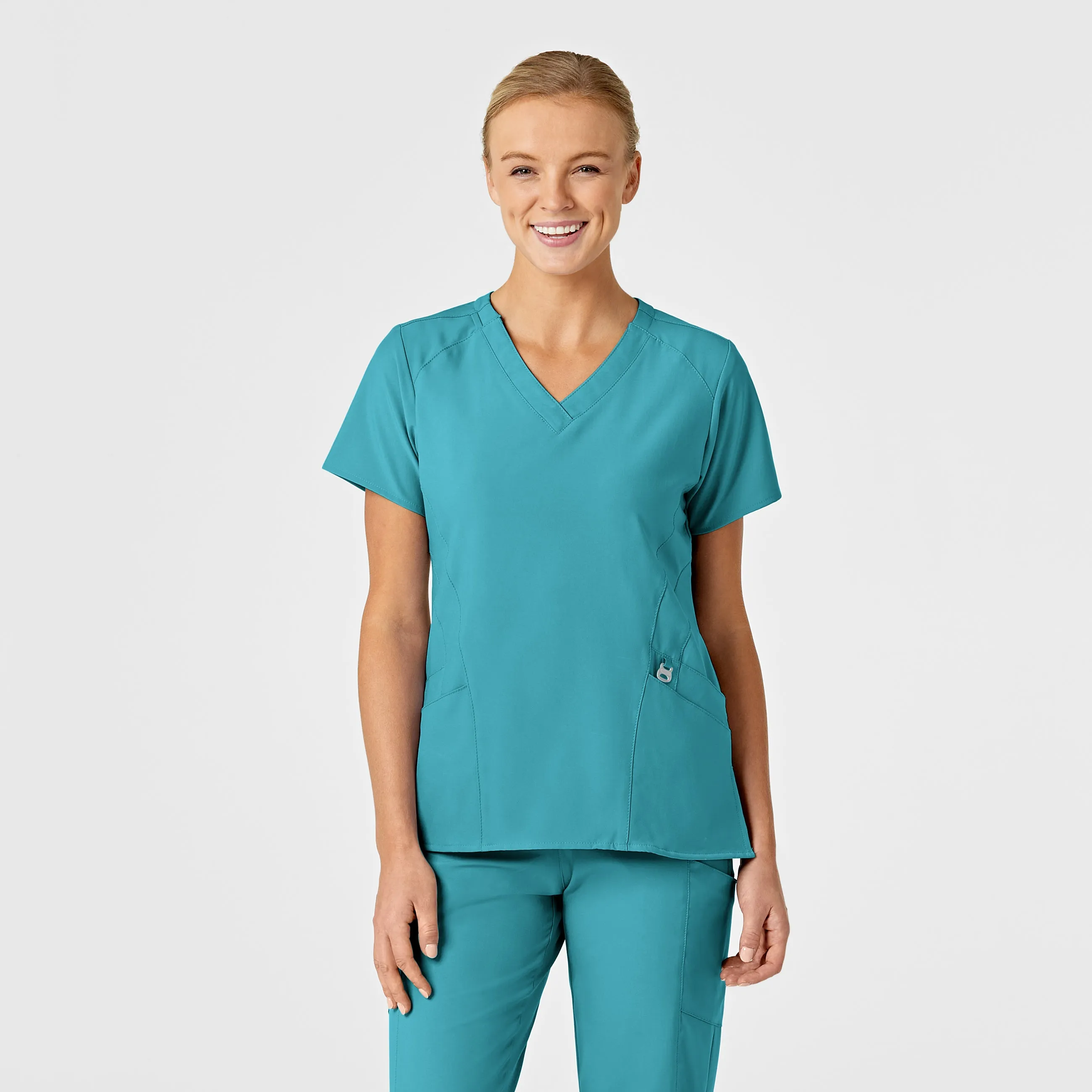 Layered Placket Design W123 Women's Stylized V-Neck Scrub Top - Teal Blue