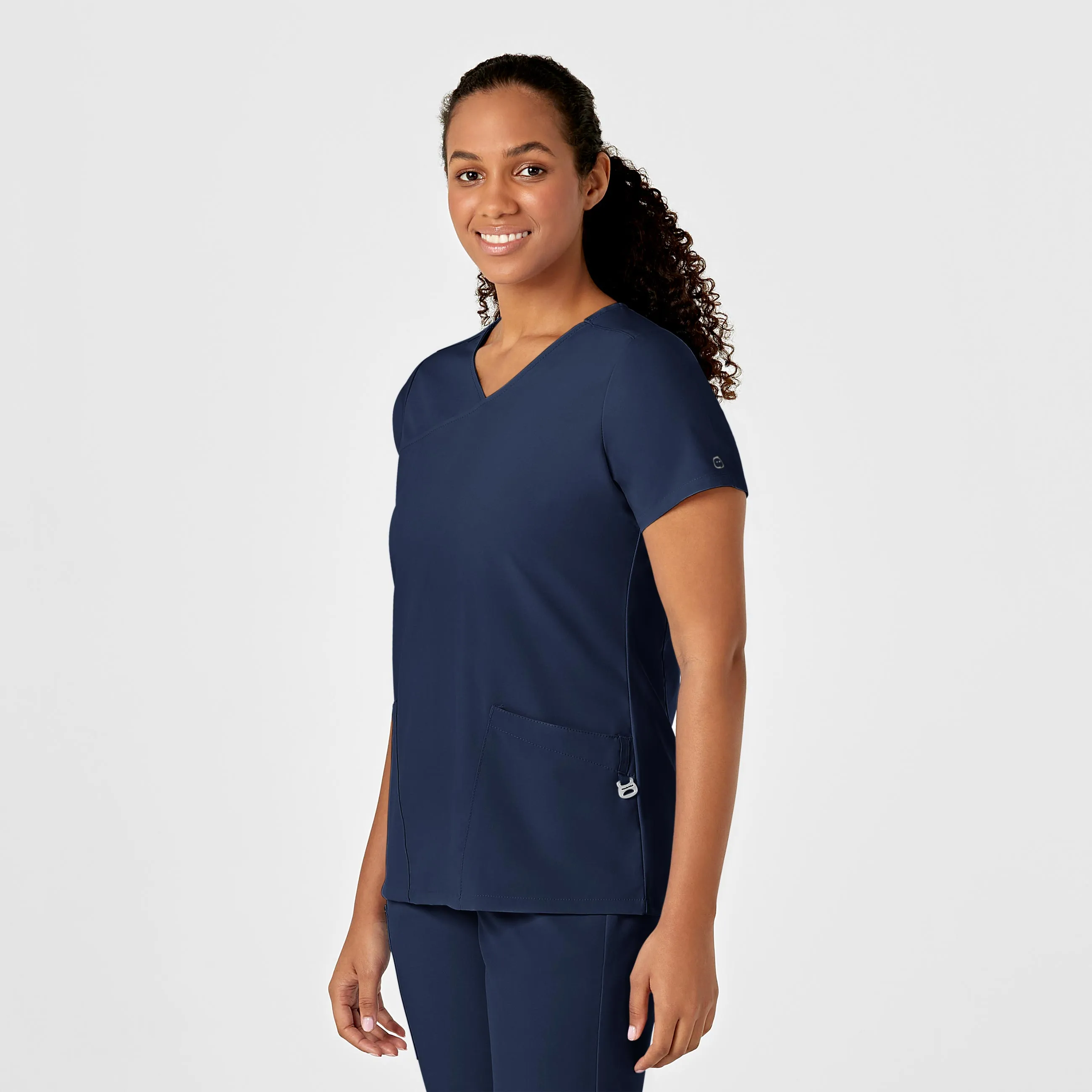 Lightweight Layering Option W123 Women's Y-Neck Wrap Scrub Top - Navy