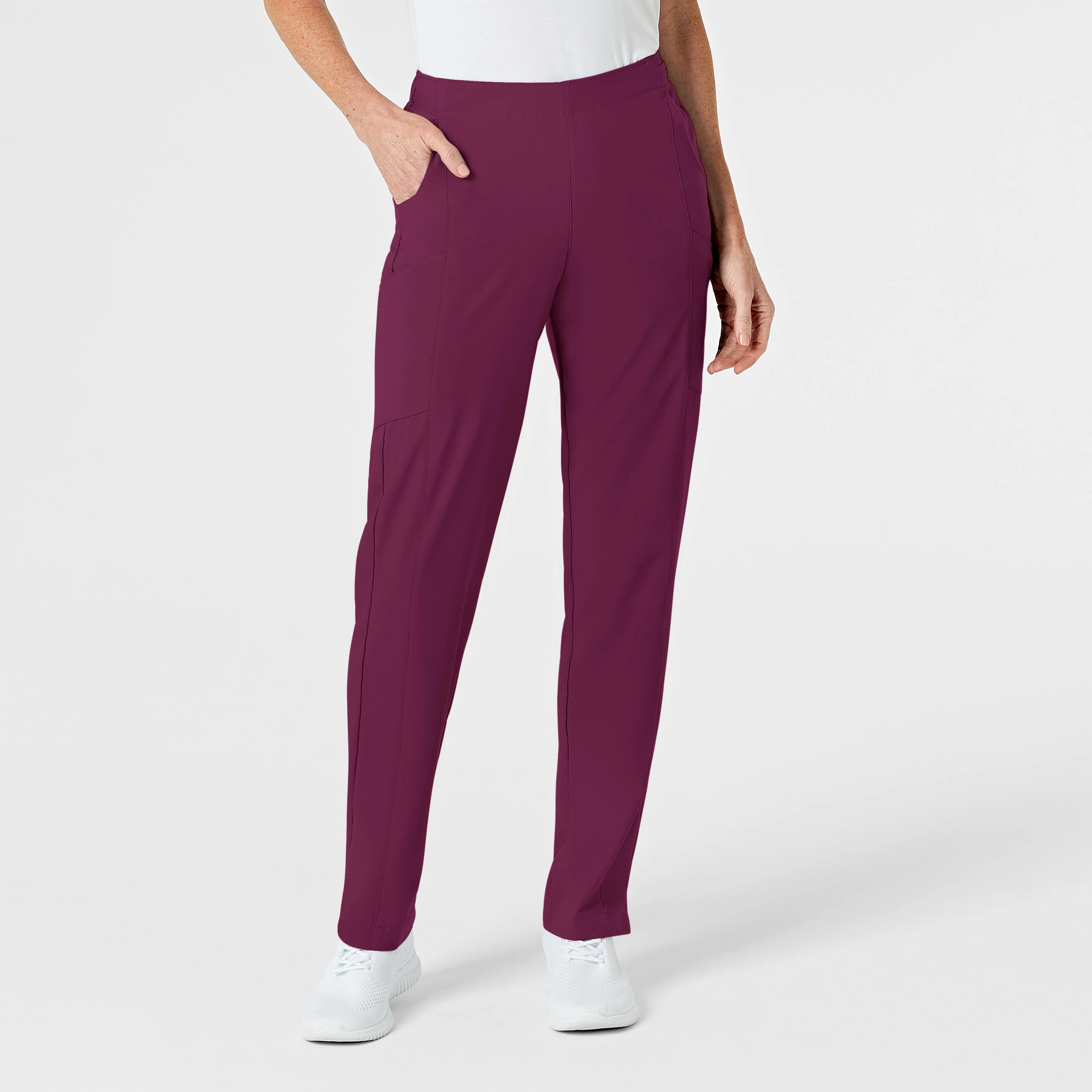 W123 Women's Flat Front Cargo Scrub Pant - Wine Metallic accents