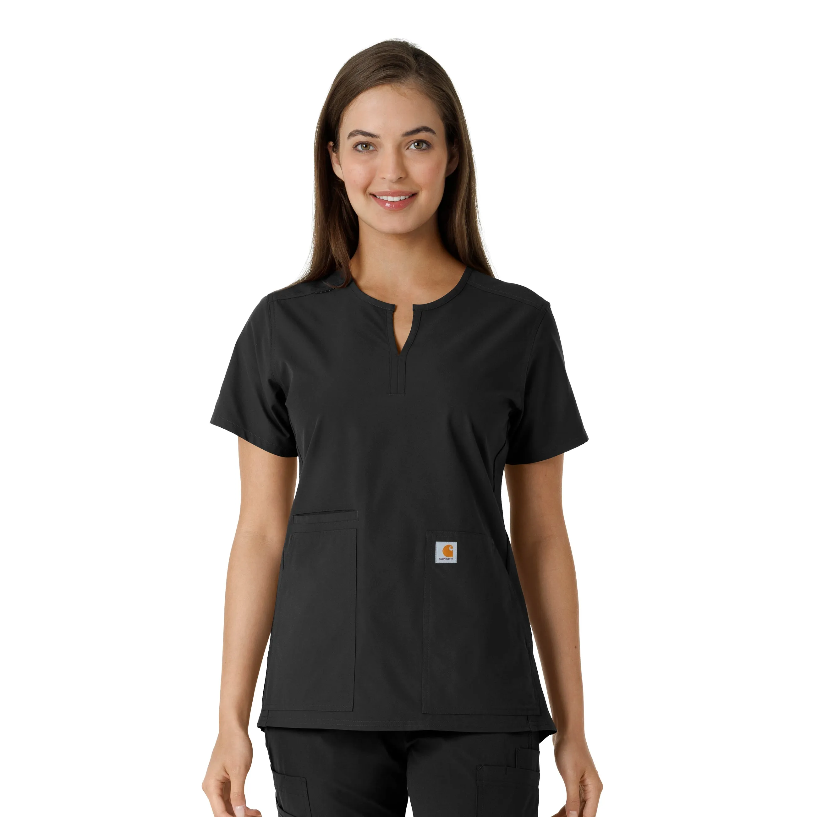 MultiPocket slim fit Carhartt Force Essentials Women's Notch Neck Tunic Knit Panel Scrub Top - Black