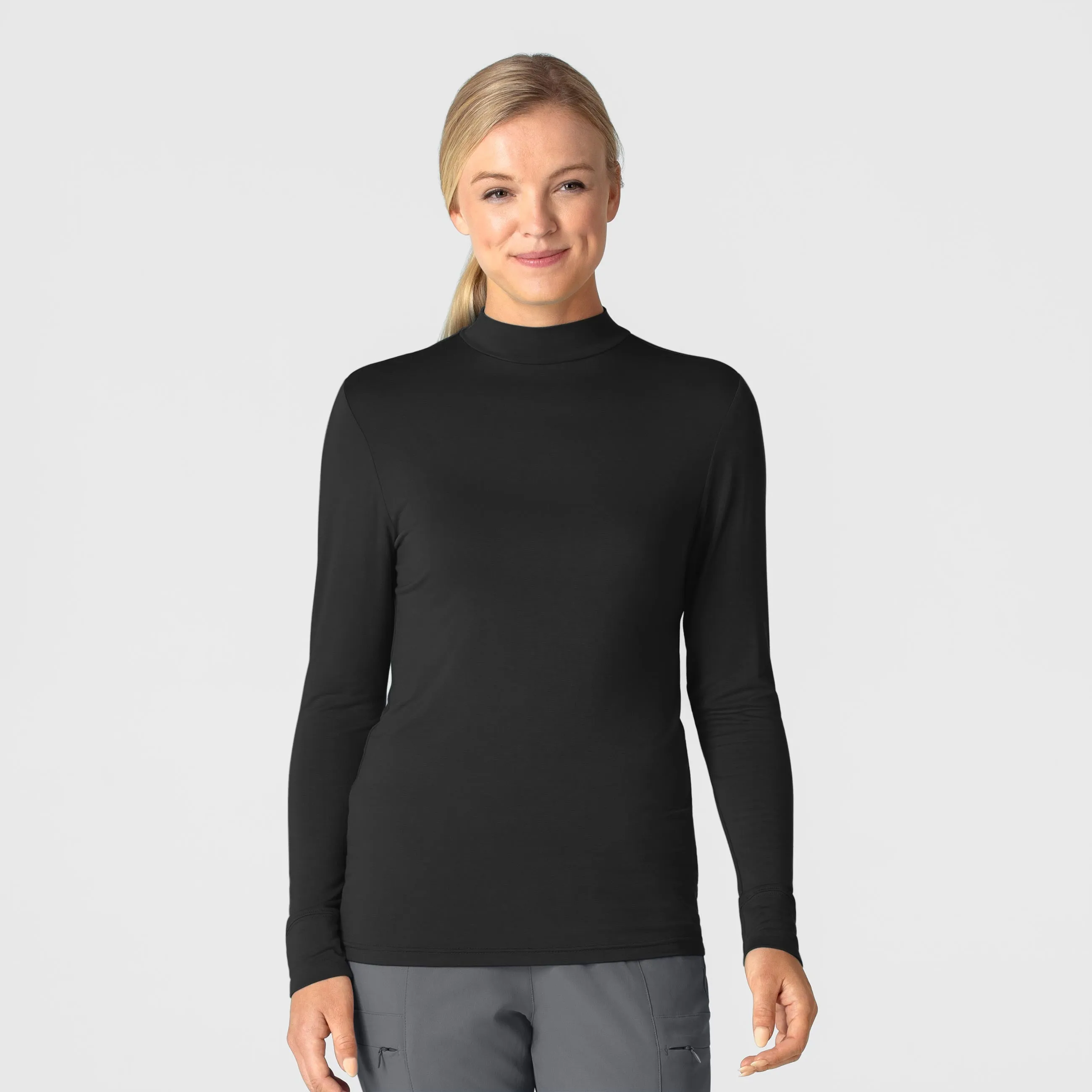 Women??s Long Sleeve Mock Neck Silky Tee - Black Versatile Layering Cut EcoFriendly Dye Process
