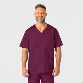 WonderWORK Men's V-Neck Scrub Top - Wine NoRoll Hem Technology