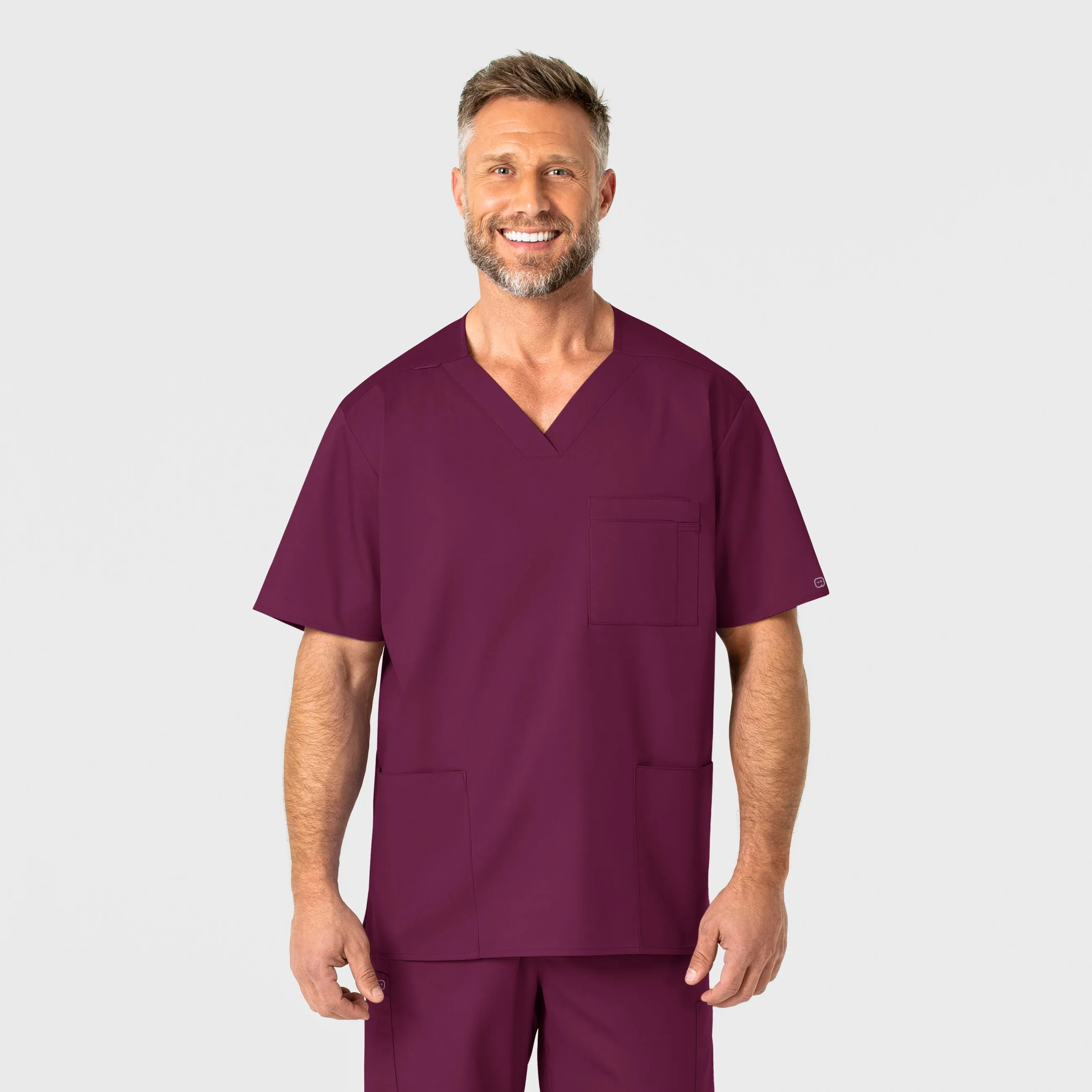 WonderWORK Men's V-Neck Scrub Top - Wine NoRoll Hem Technology