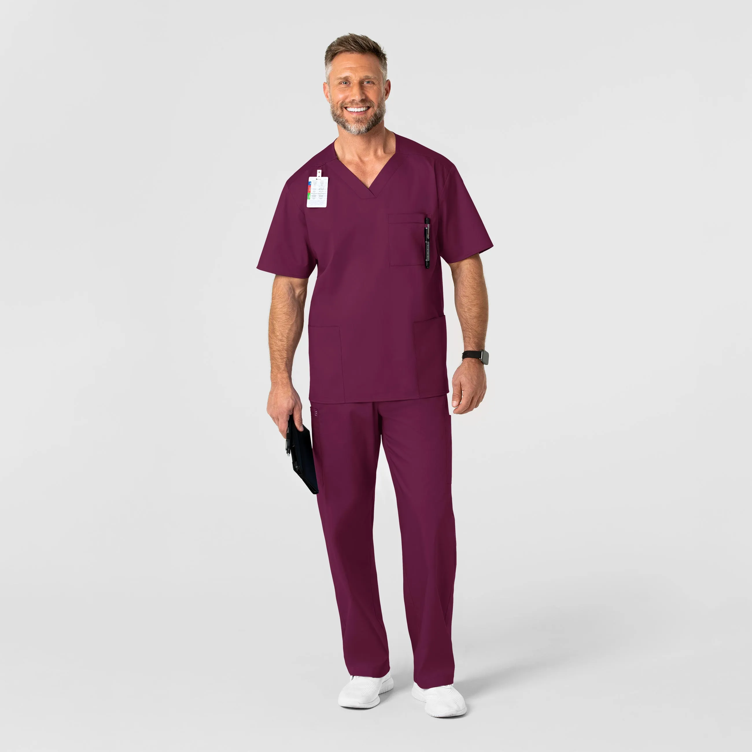 WonderWORK Men's V-Neck Scrub Top - Wine Casual Style