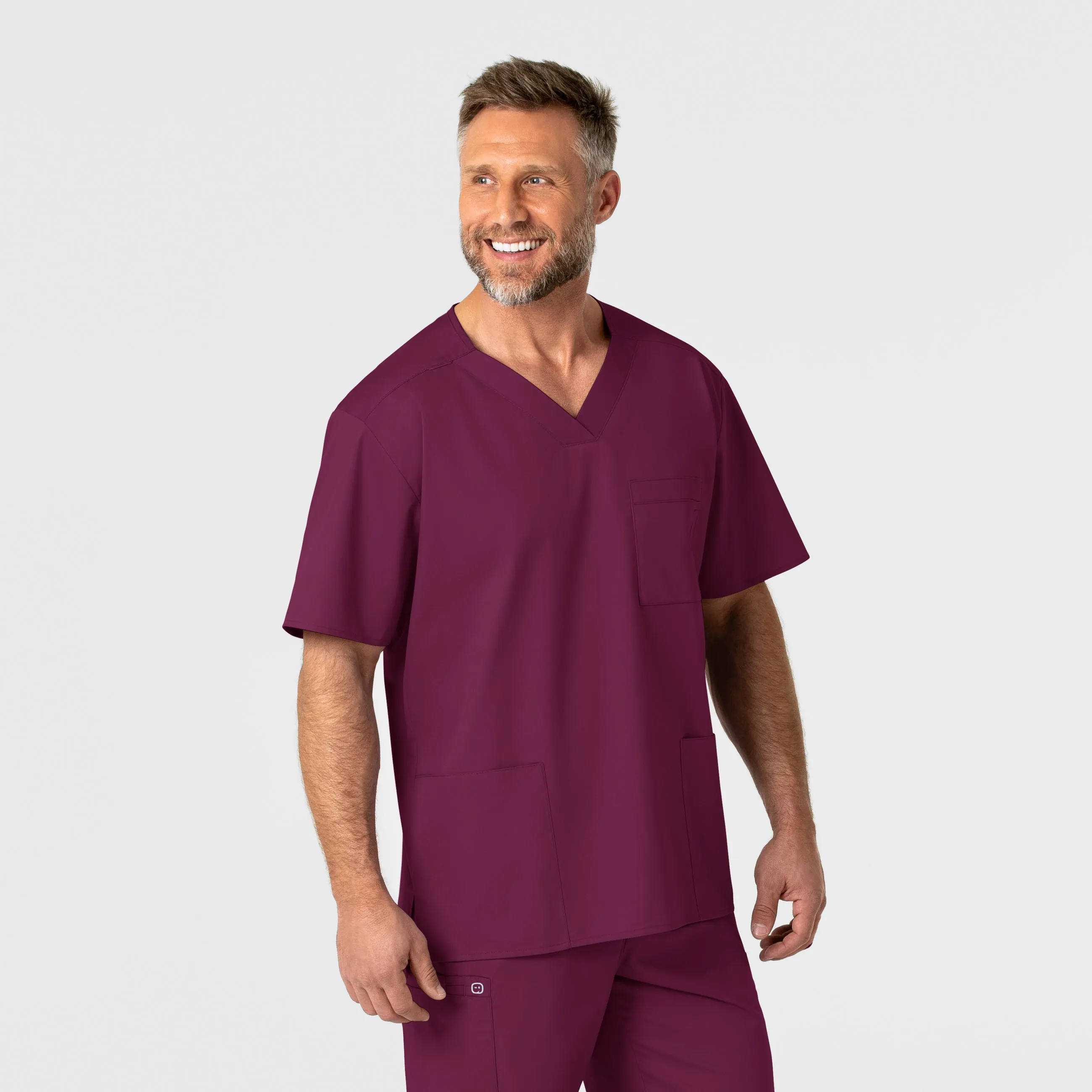 Durable Chainstitch High Density Knit WonderWORK Men's V-Neck Scrub Top - Wine