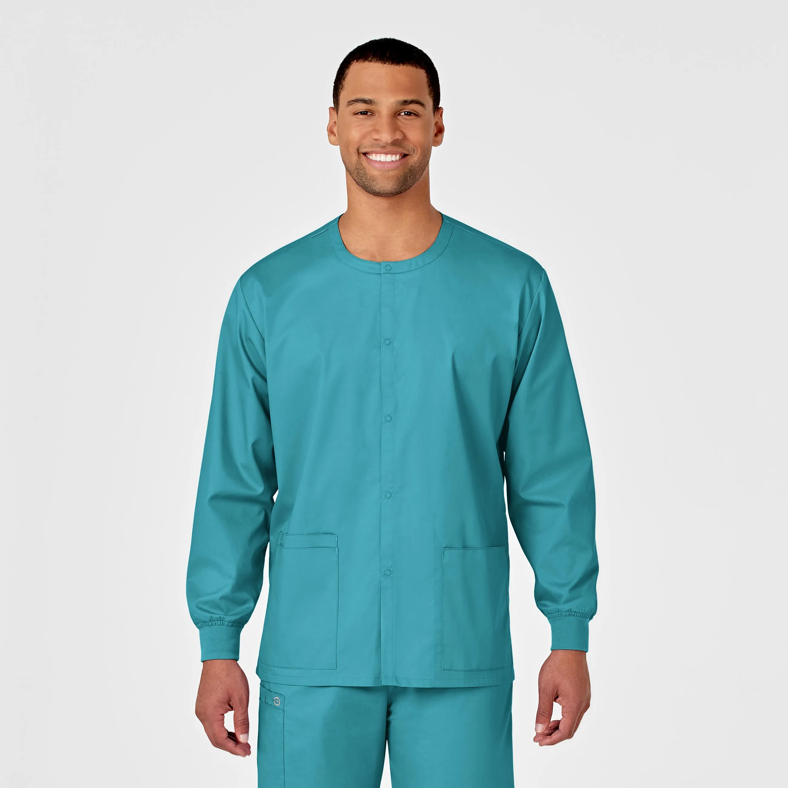 Interlock Stitch Detail SelfFabric Binding WonderWORK Unisex Snap Front Scrub Jacket - Teal Blue