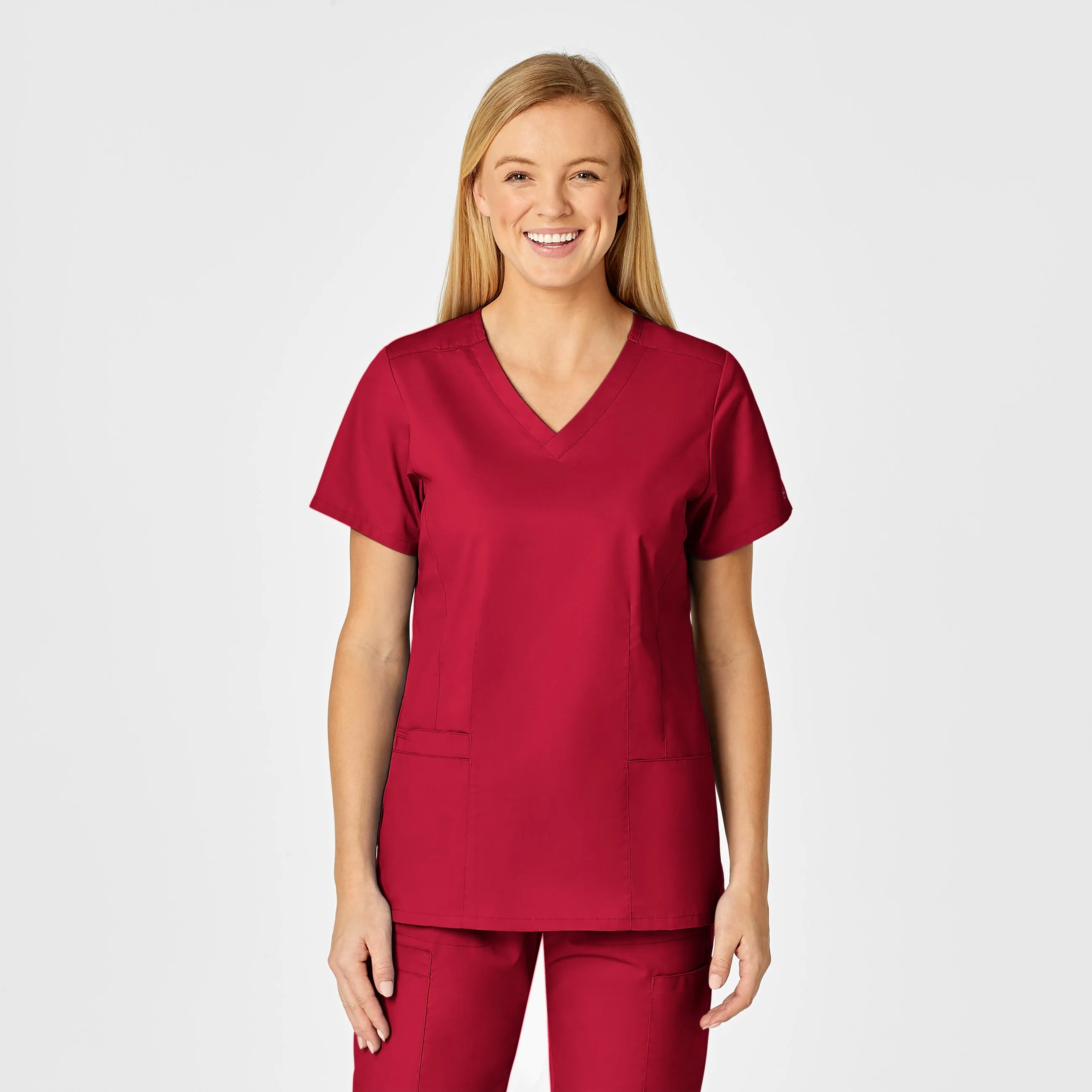 Easy Care Material WonderWORK Women's Shaped V-Neck Scrub Top - Red