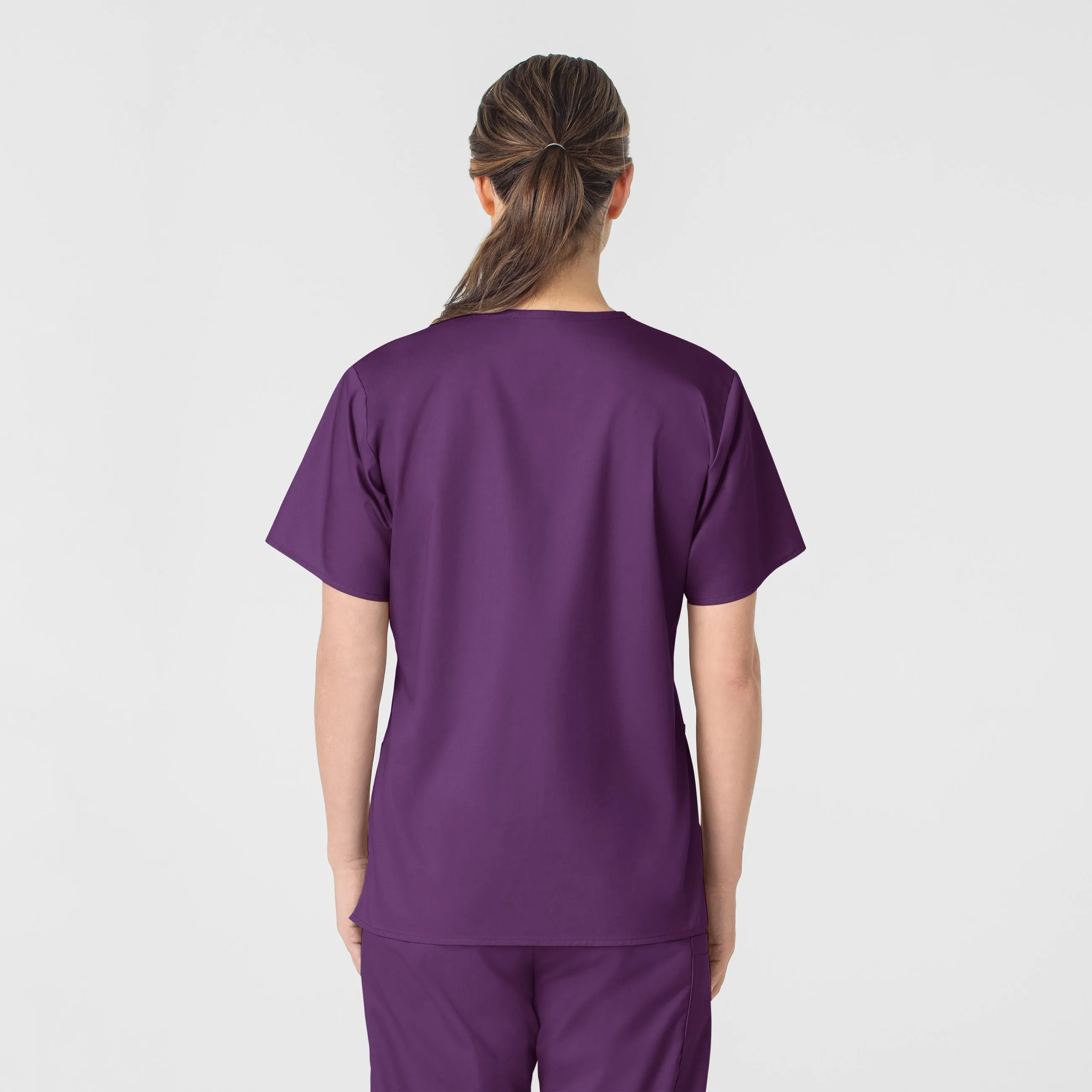 WonderWORK Women's V-Neck Scrub Top - Eggplant Athletic Look Double Layered Hem