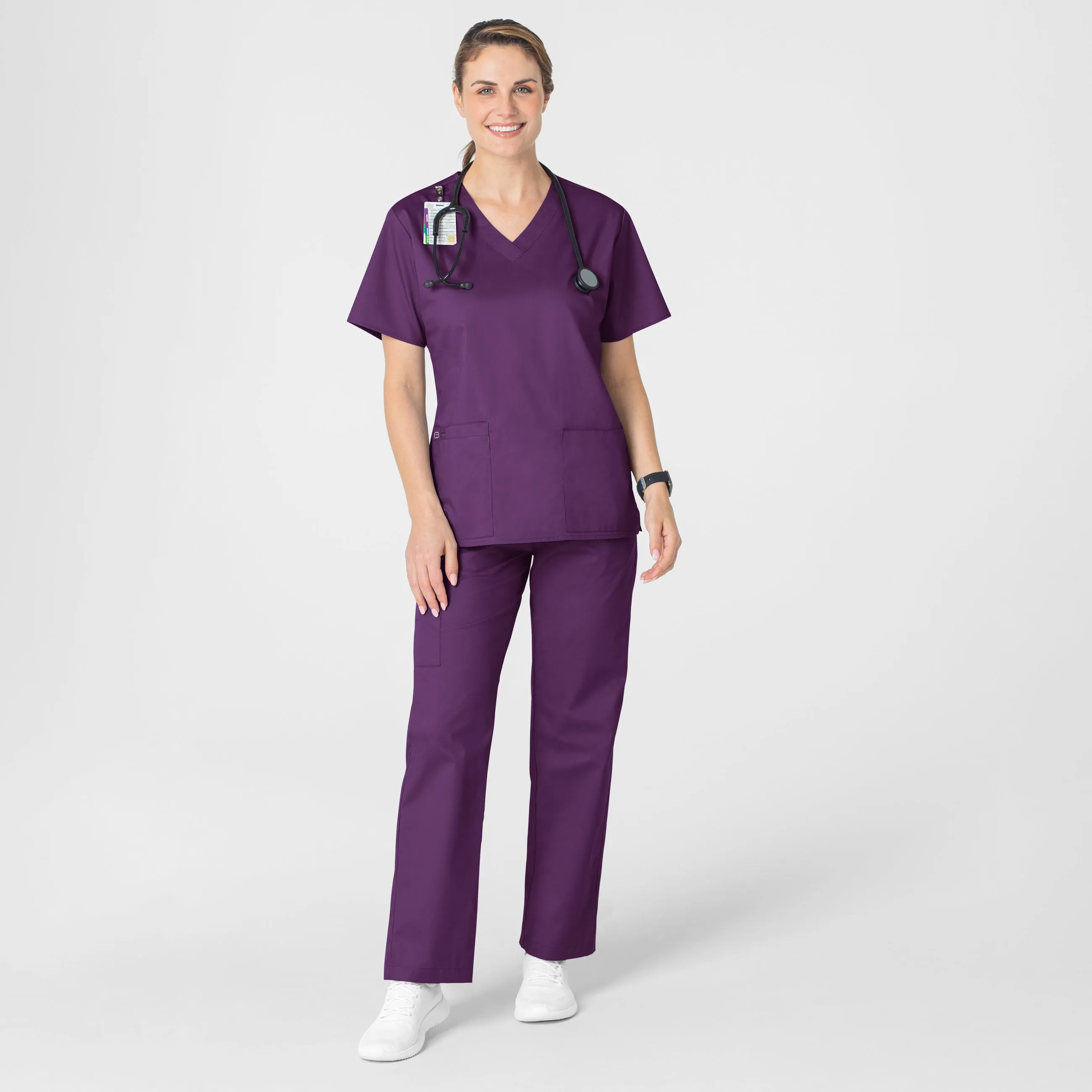 WonderWORK Women's V-Neck Scrub Top - Eggplant Anti Pilling Finish wrinkle free finish