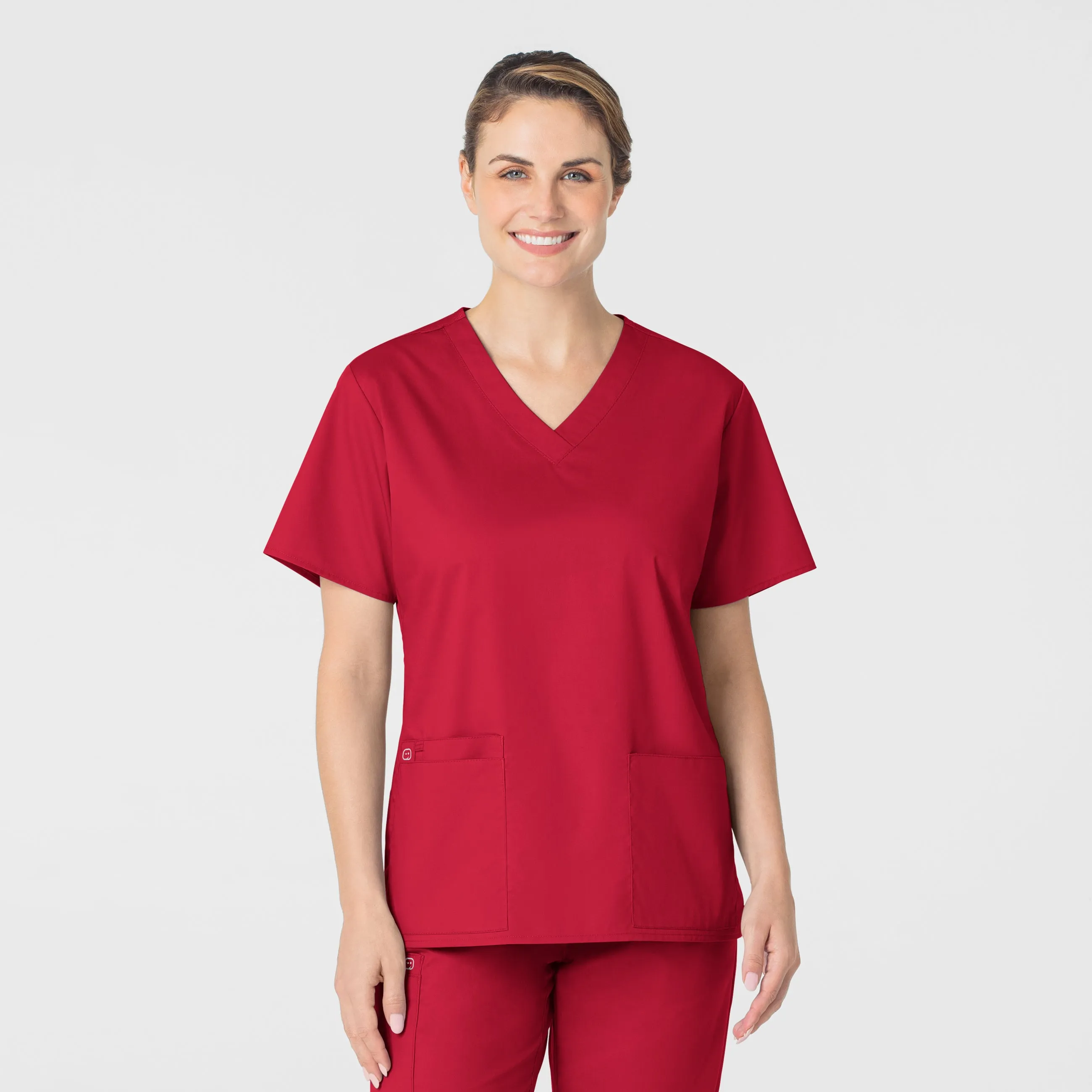 WonderWORK Women's V-Neck Scrub Top - Red Raglan Sleeve Fleece Pullover