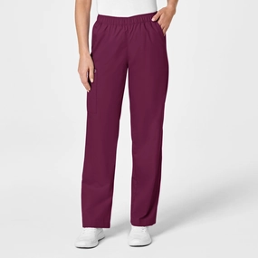 WonderWORK Women's Pull-On Cargo Scrub Pant - Wine Button front Feminine Cut