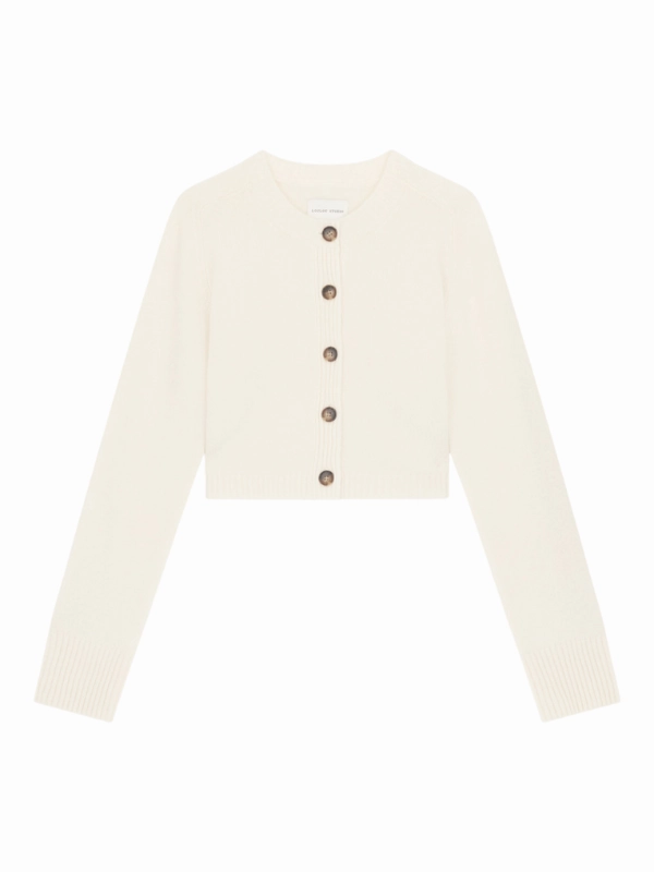 Zephir Cropped Cashmere Cardigan in Ivory Classic Comfort Dimensional Jacquard Weave